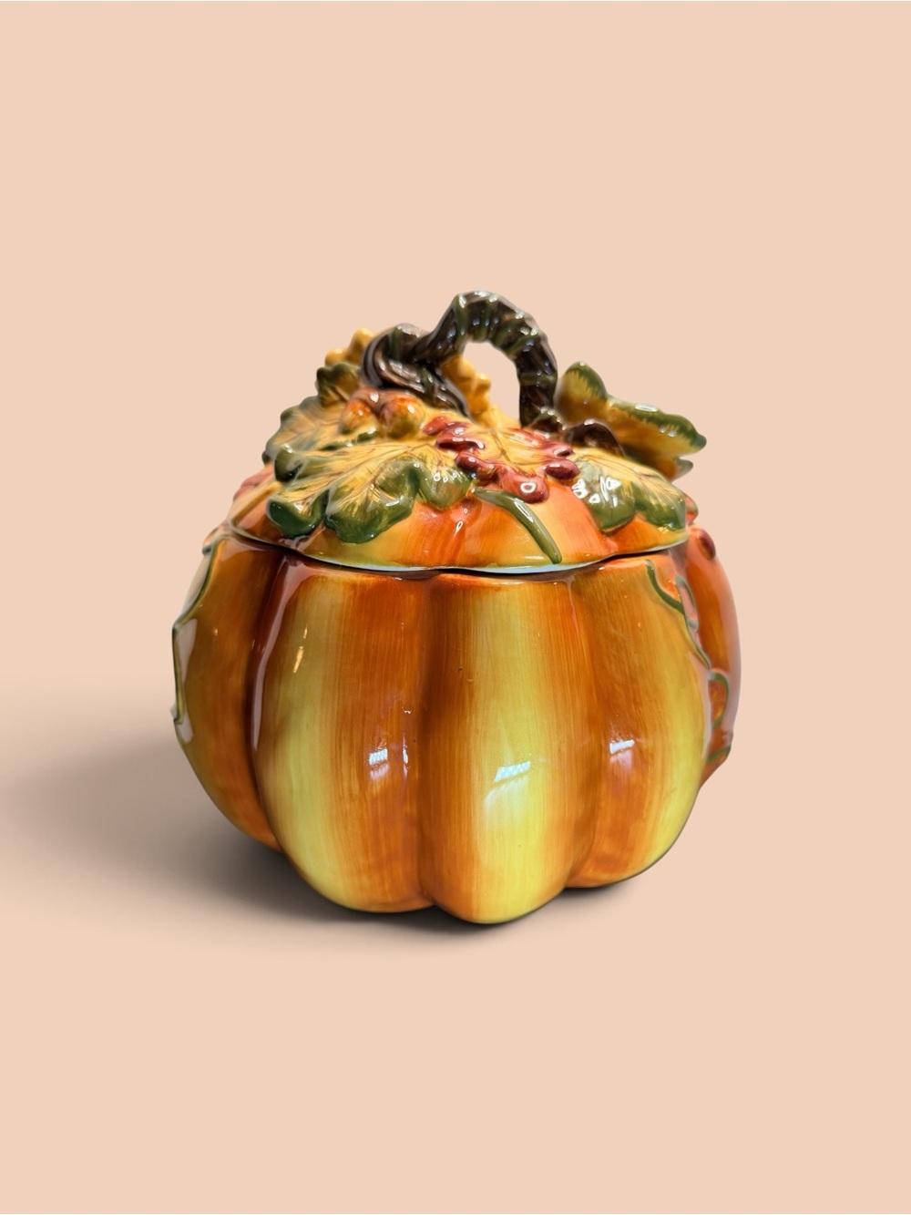 Hand-Painted Orange Pumpkin Ceramic Jar with Leaf Lid